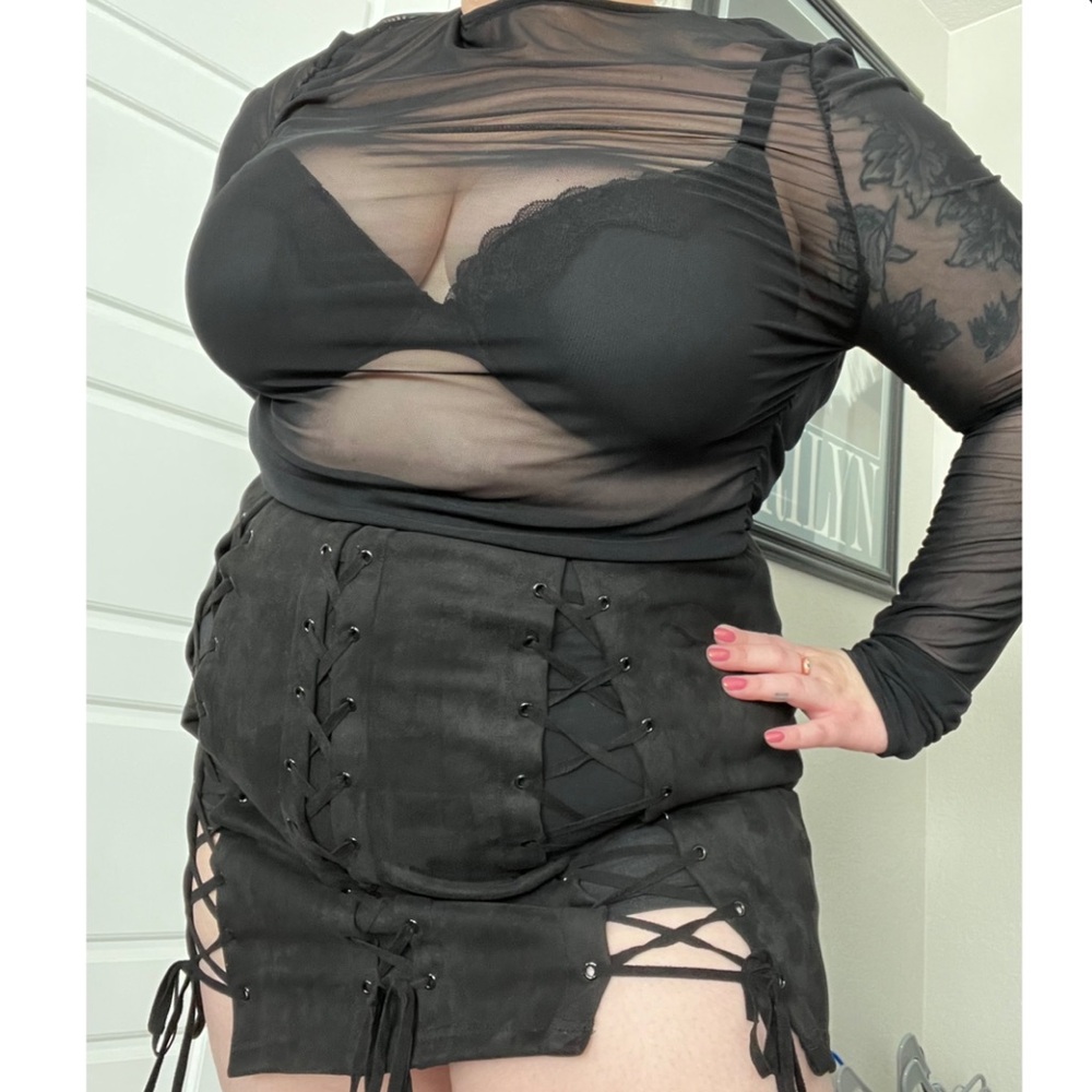 Fashion Nova Curve Plus 3x Black Dress w/ Sheer Top & Faux Suede Lace-Up Skirt